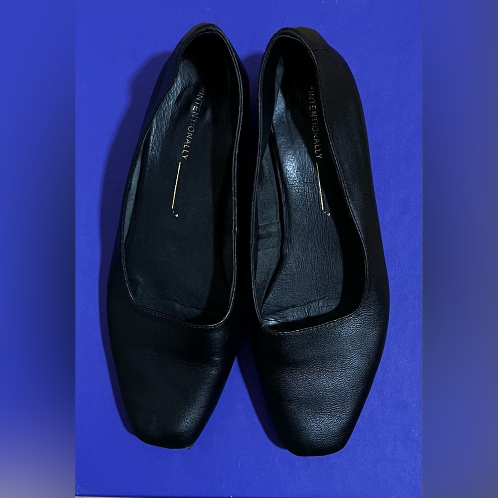 Leather Square Toe Ballet Flats - Black